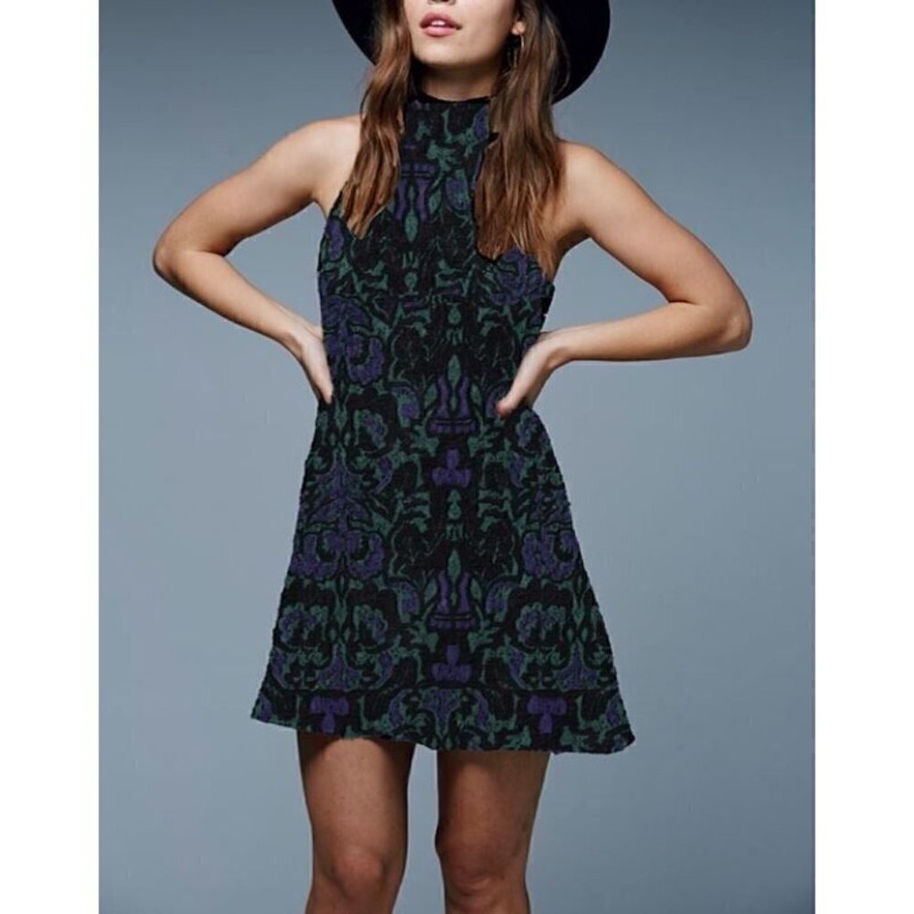 Free People Amelia Dress Womens XS Blue Combo Mock Neck Retro Y2K Boho Festival